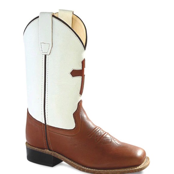 Old West Boys Cowboy Boots 5.5 Brown Square Toe with Cross NEW in BOX - Picture 1 of 5
